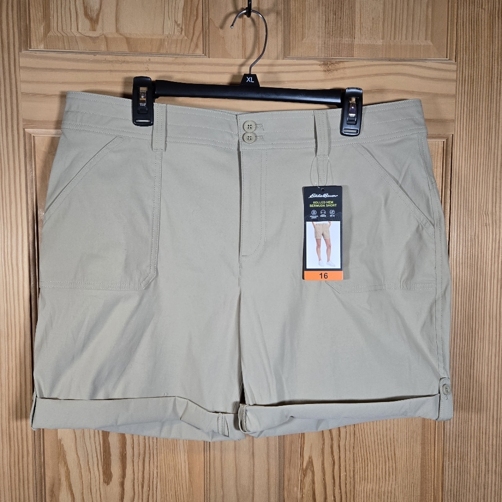Eddie Bauer Rolled Hem Bermuda Shorts 16 Brown Stretch UPF 50 Hiking Camping NWT